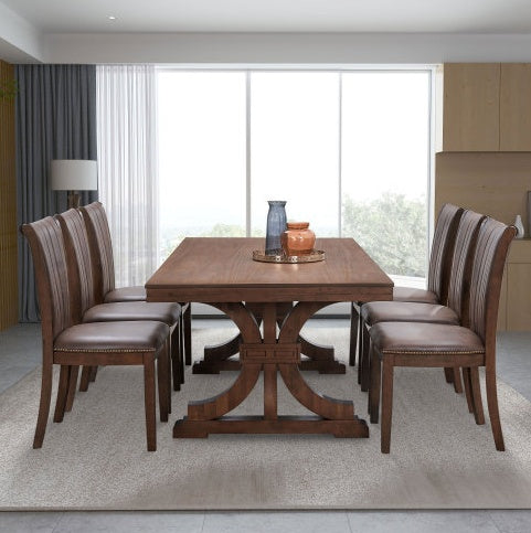 Rectangular Rubber Wood Dining Table For 6-8 With Wooden Trestle Pedestal Base