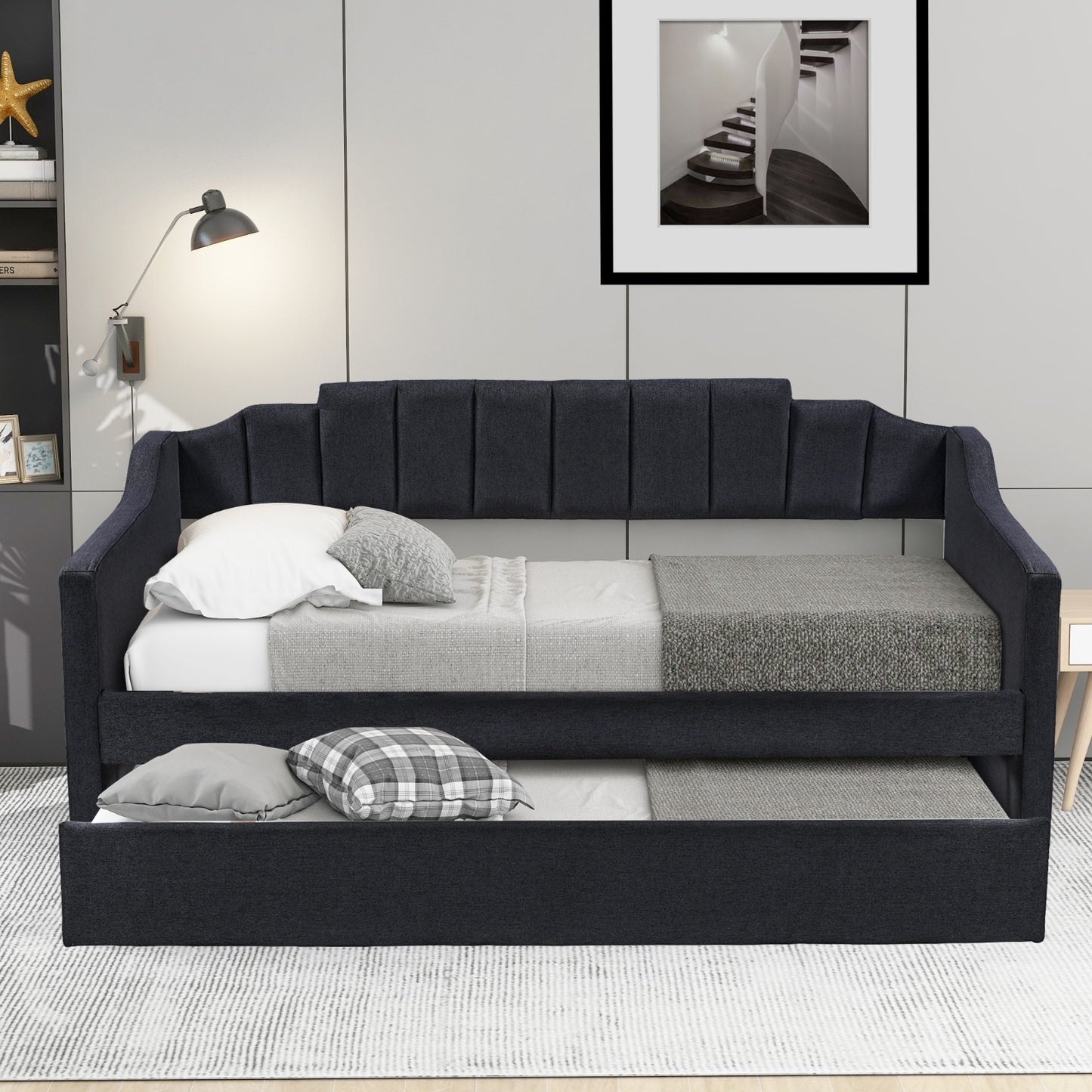 Upholstered Twin Daybed with Trundle, Black