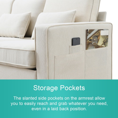 Seater Modern Linen Fabric Sofa with Armrest Pockets And 4 Pillows