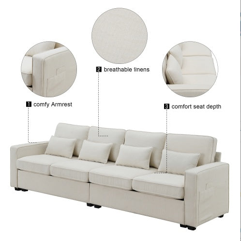 Seater Modern Linen Fabric Sofa with Armrest Pockets And 4 Pillows