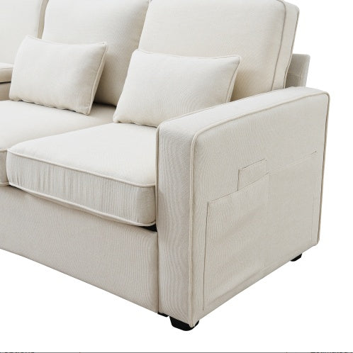 Seater Modern Linen Fabric Sofa with Armrest Pockets And 4 Pillows