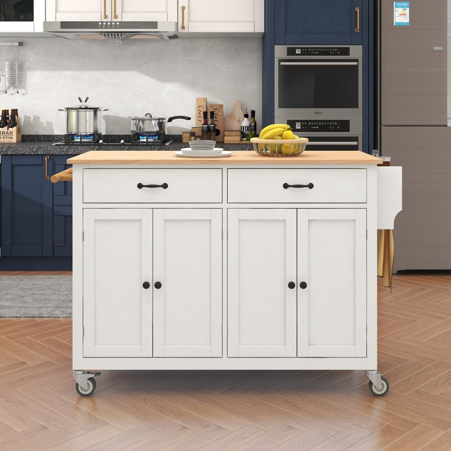 54.3Kitchen Island Cart Solid Wood Top, Locking Wheels, 4-Door Cabinet