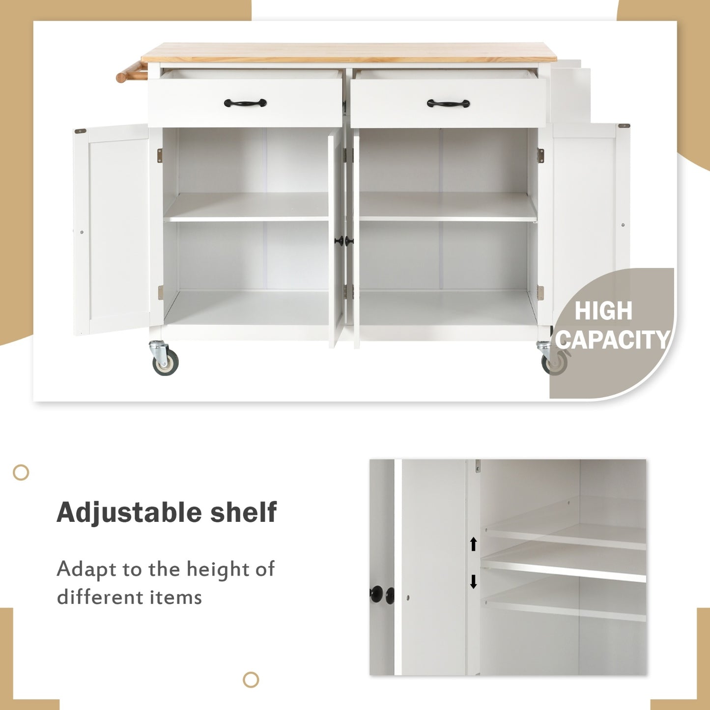 54.3Kitchen Island Cart Solid Wood Top, Locking Wheels, 4-Door Cabinet