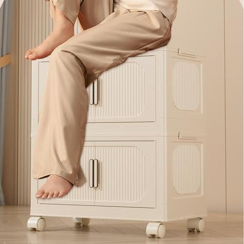 Cream White 19.69 Side Wide Folding Storage Cabinet ,3 Tiers,19.69x11.81x31.1, Collapsible Storage Bins with Magnetic Door, Plastic Storage Cabinet With Wheels