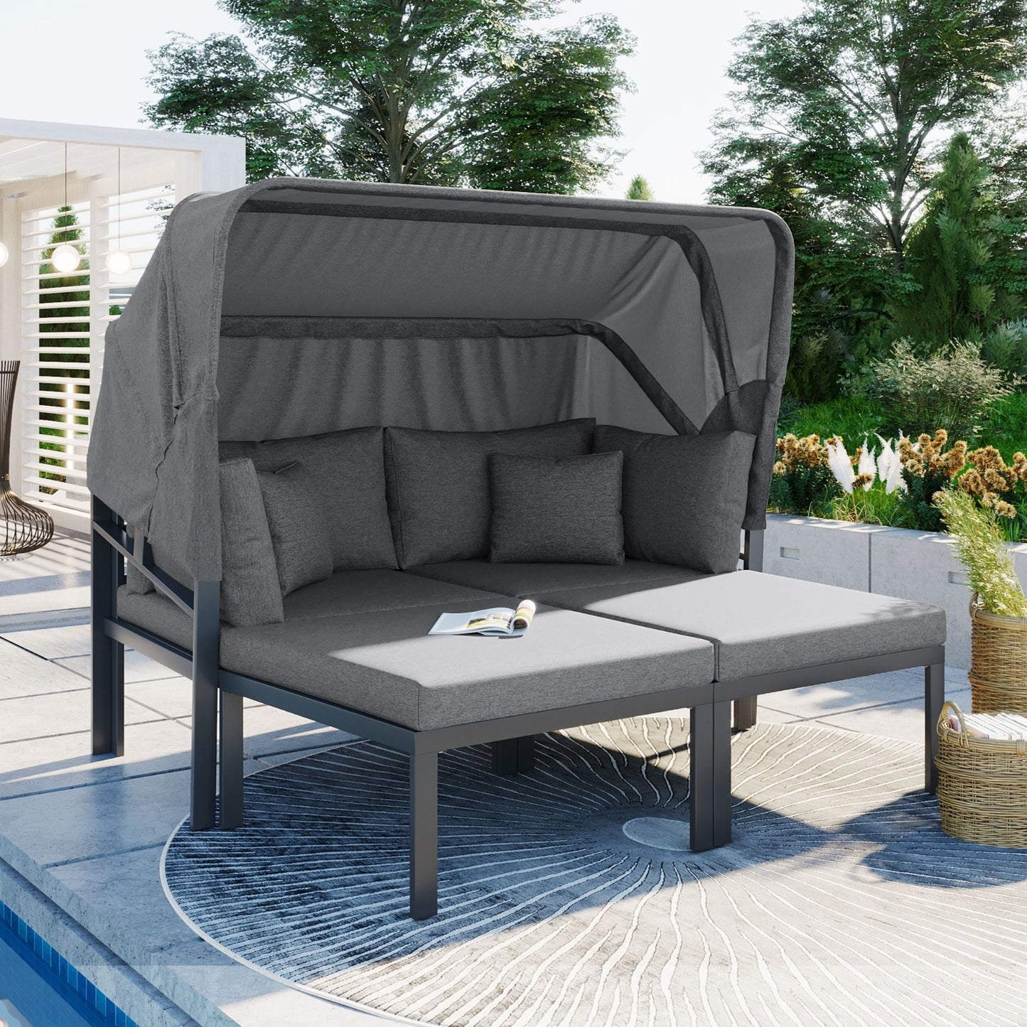 TOPMAX 3-Piece Outdoor Sectional Sofa Set with Retractable Canopy-Patio Mental Sun Lounger