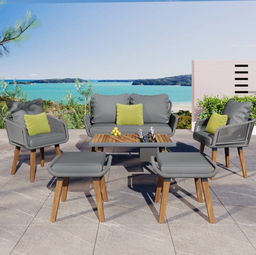 6-Piece Rope Patio Furniture Set, Outdoor Furniture With Acacia Wood Cool Bar Table With Ice Buc