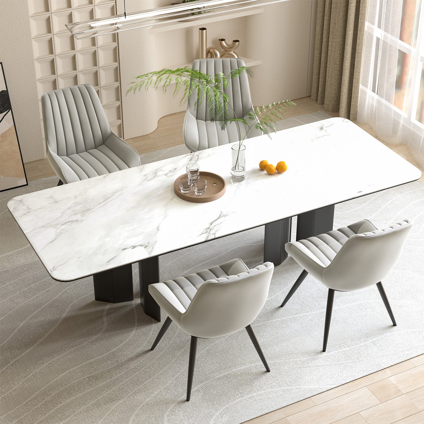 Soft Suede Fabric Cushioned Chairs with Rectangular Dinner Table
