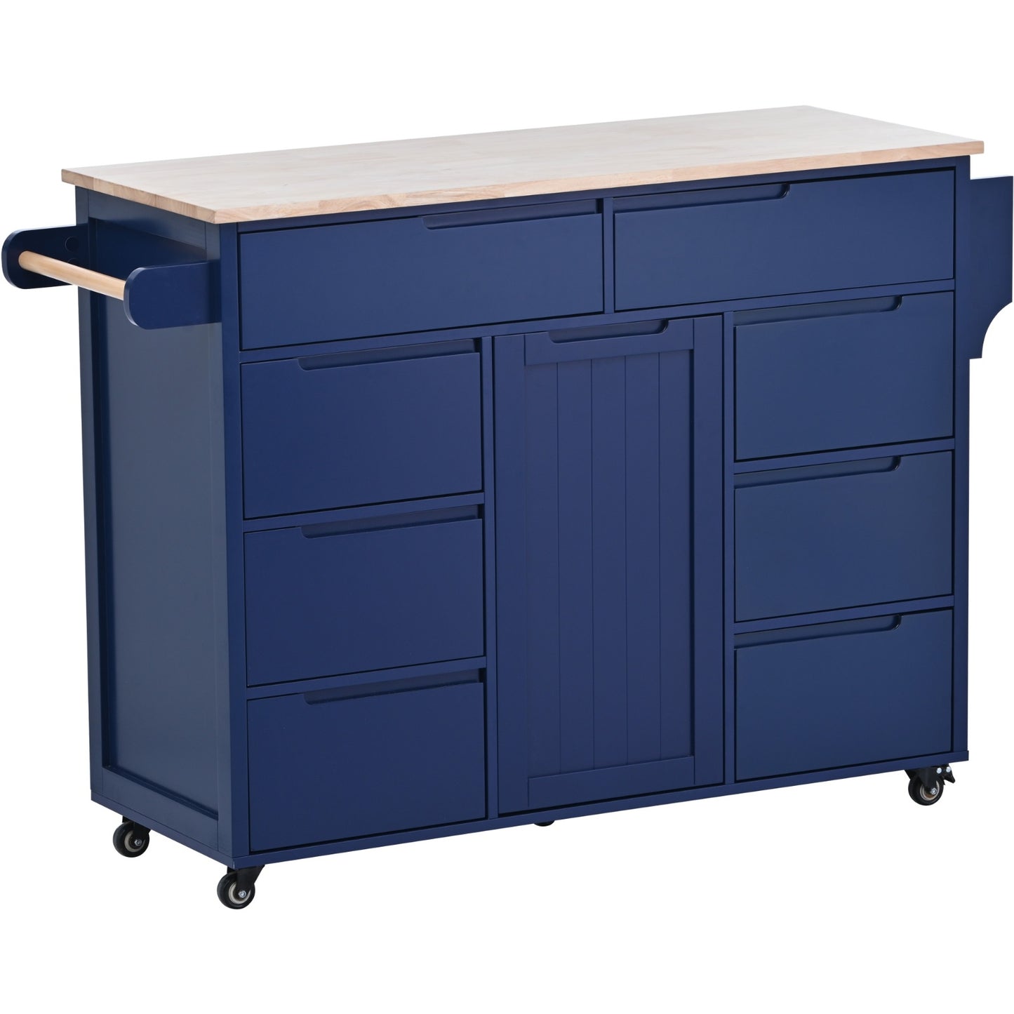 Store Kitchen Cart with Rubber Wood Top, 8 Handle-Free Drawers