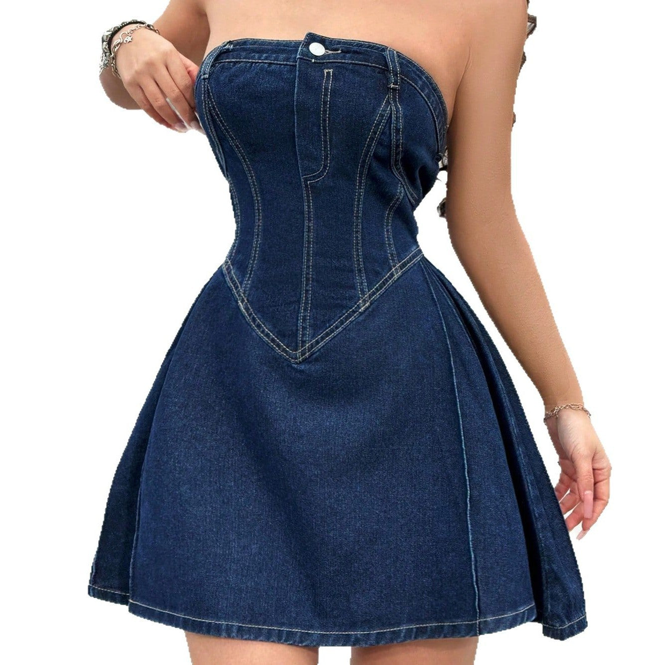 Summer Off-shoulder Low Collar Sexy Fishbone Waist Tight Denim Dress Strapless Sexy Dress Trend Skinny Hipster Party Clubwear Y2K Bodycon