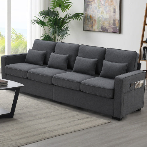 Seater Modern Linen Fabric Sofa with Armrest Pockets And 4 Pillows
