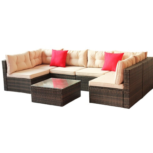 7- Piece Patio Furniture Set/ PE Rattan Garden Corner Sofa