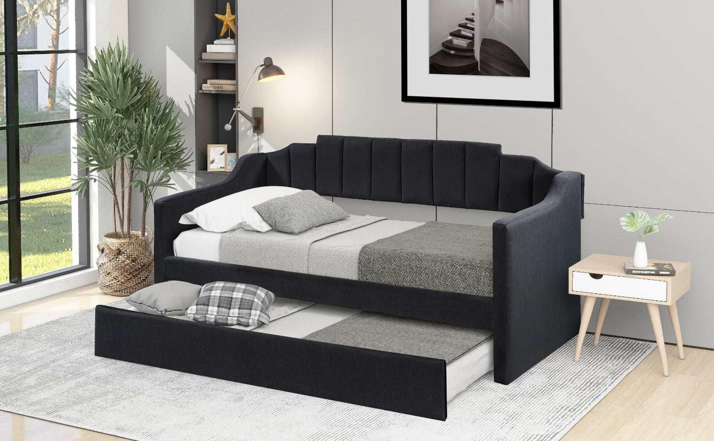 Upholstered Twin Daybed with Trundle, Black