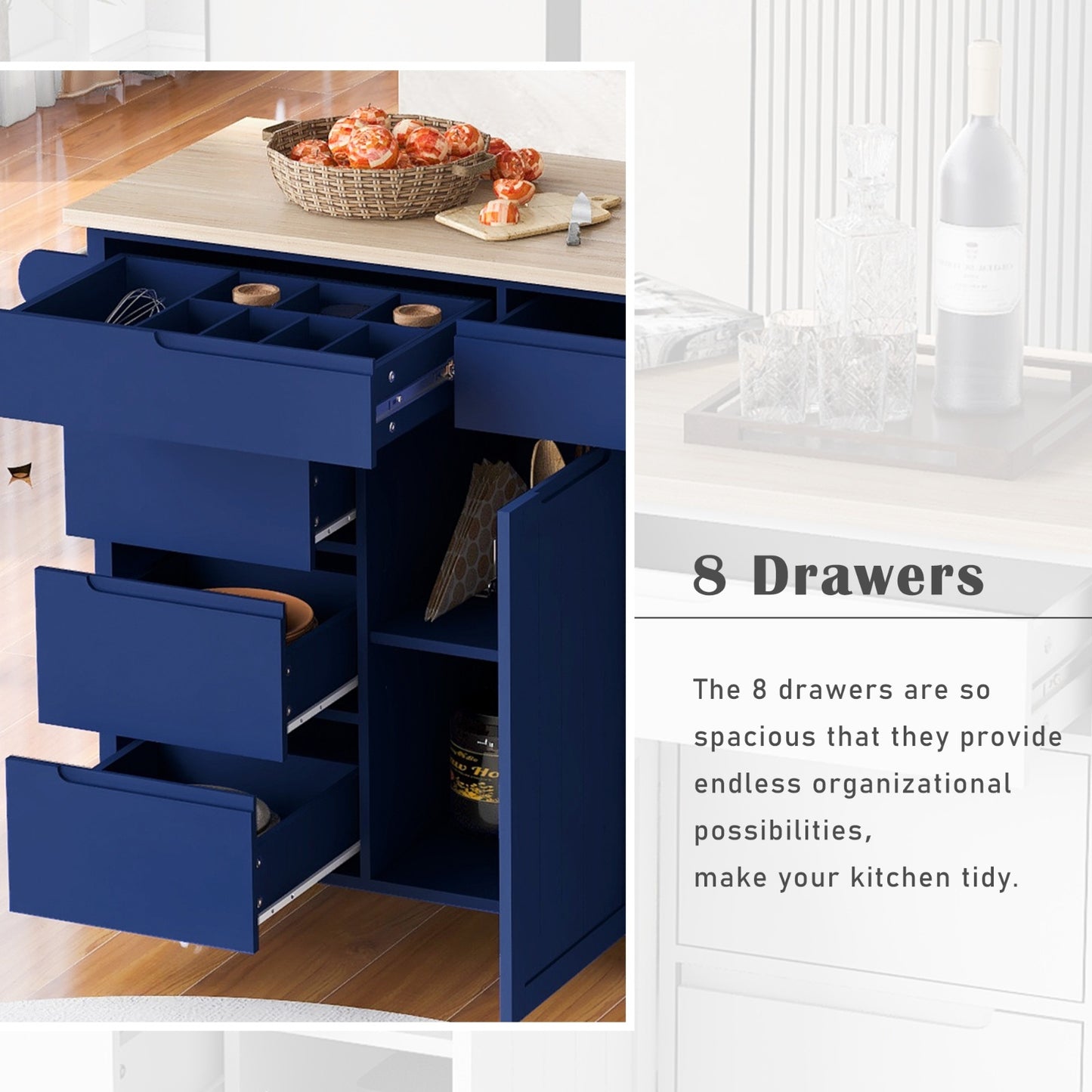 Store Kitchen Cart with Rubber Wood Top, 8 Handle-Free Drawers