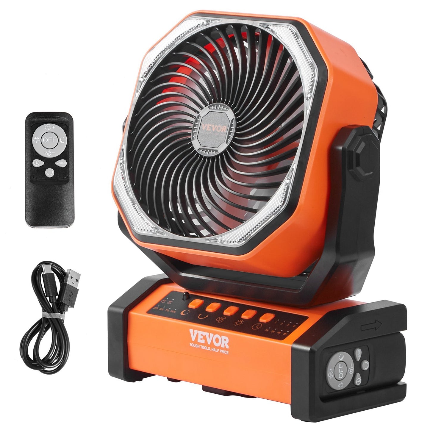 VEVOR Portable Fan Rechargeable 9 Inch, Battery Powered Fan With LED Lantern, 4 Speeds Adjustable Automatic Swivel & Timer , USB Battery Operated Fans For Travel Bedroom Home Camping Office