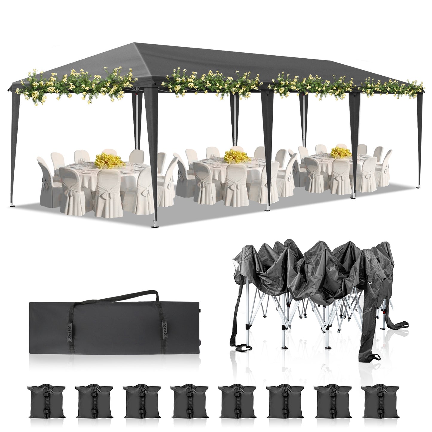 10x30ft Dark Grey, No Fence, Folding Shed Oxford Cloth White Spray Plastic Frame With 8 Sandbags With Tug Bag