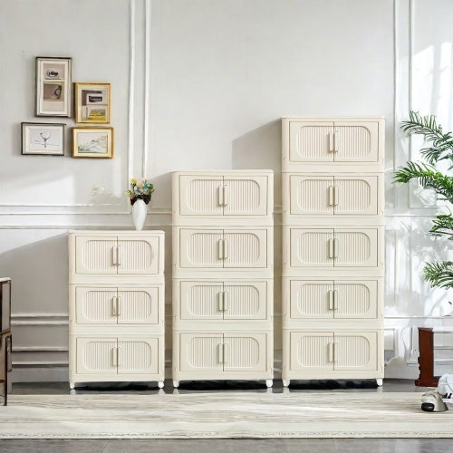 Cream White 19.69 Side Wide Folding Storage Cabinet ,3 Tiers,19.69x11.81x31.1, Collapsible Storage Bins with Magnetic Door, Plastic Storage Cabinet With Wheels