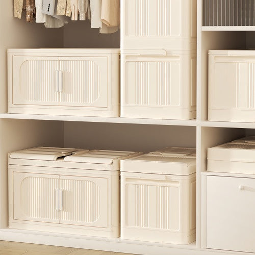 Cream White 19.69 Side Wide Folding Storage Cabinet ,3 Tiers,19.69x11.81x31.1, Collapsible Storage Bins with Magnetic Door, Plastic Storage Cabinet With Wheels