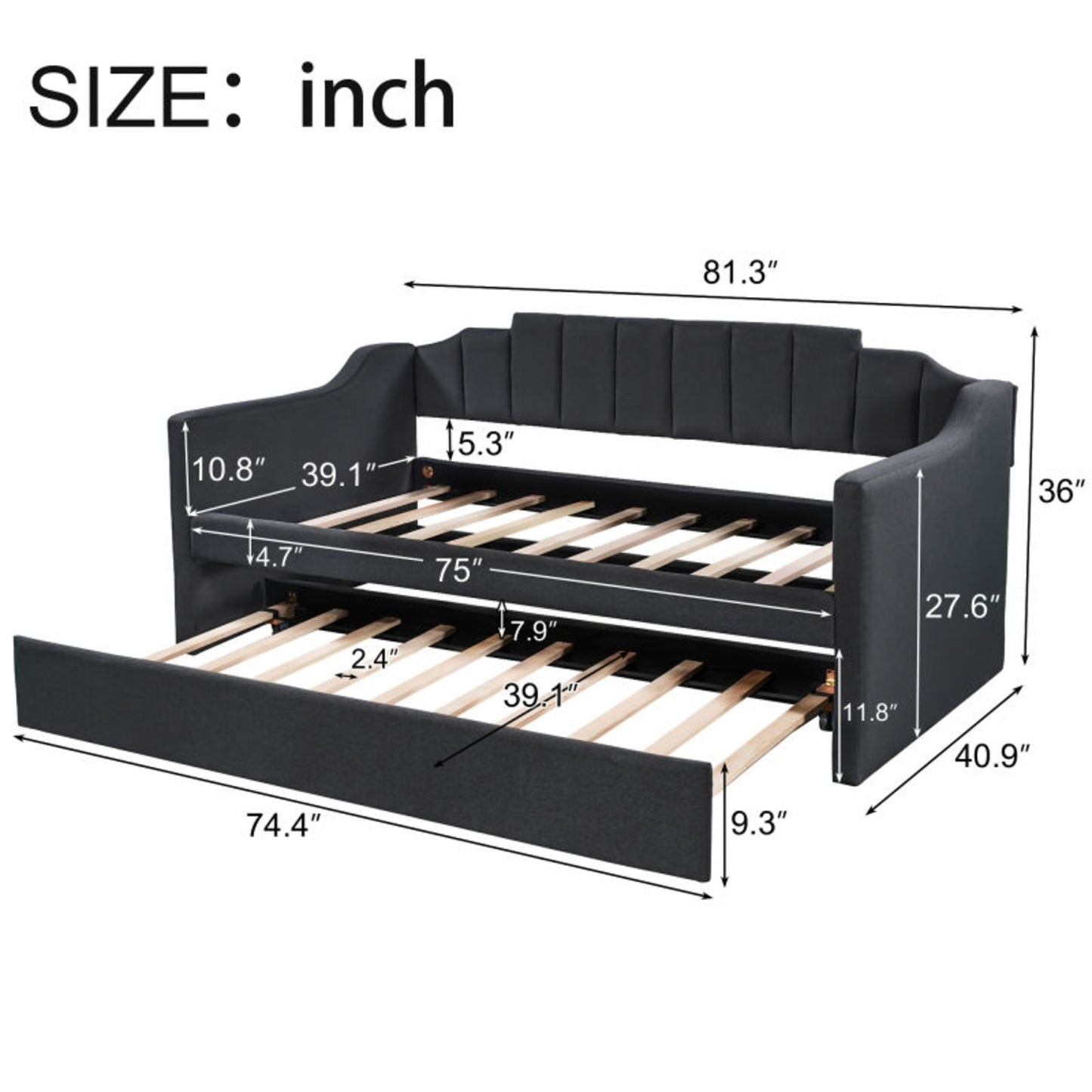 Upholstered Twin Daybed with Trundle, Black