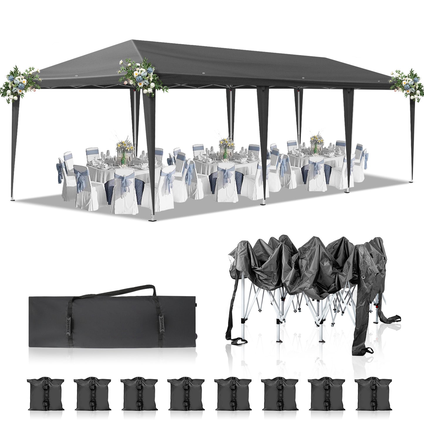 10x30ft Dark Grey, No Fence, Folding Shed Oxford Cloth White Spray Plastic Frame With 8 Sandbags With Tug Bag