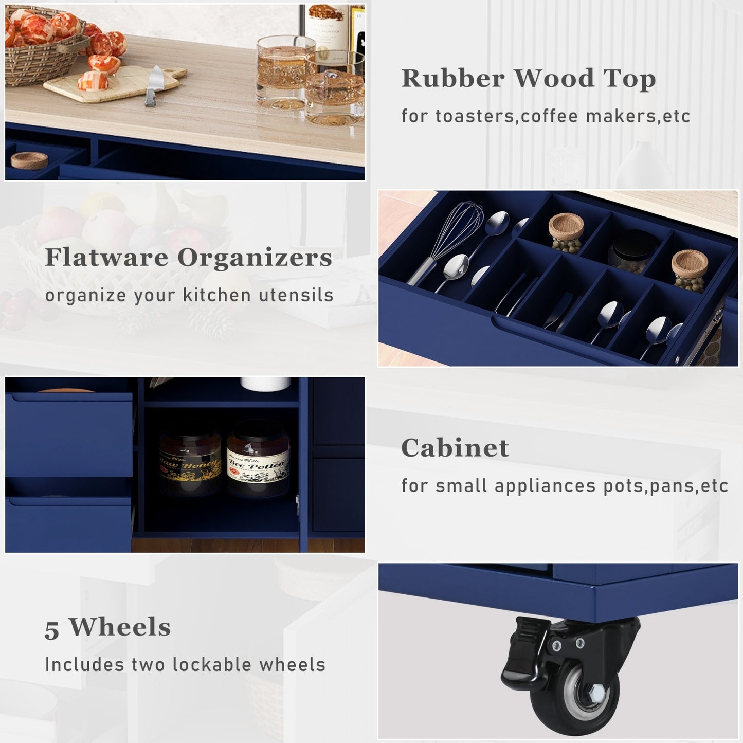Store Kitchen Cart with Rubber Wood Top, 8 Handle-Free Drawers