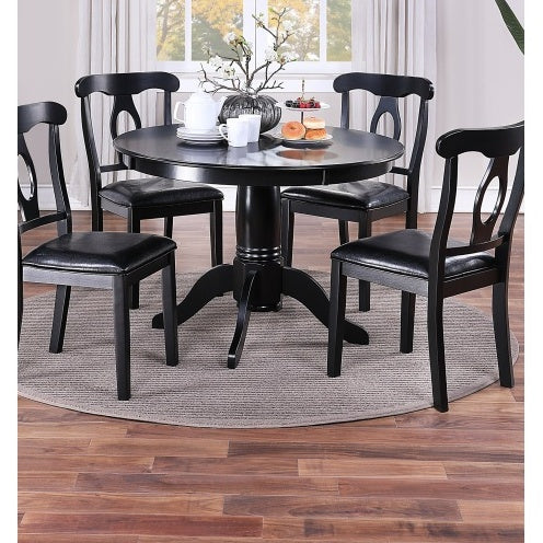 Dining Room 5pc Set Round Table 4x Side Chairs Cushion Fabric Upholstery Seat Rubberwood Black Color Furniture