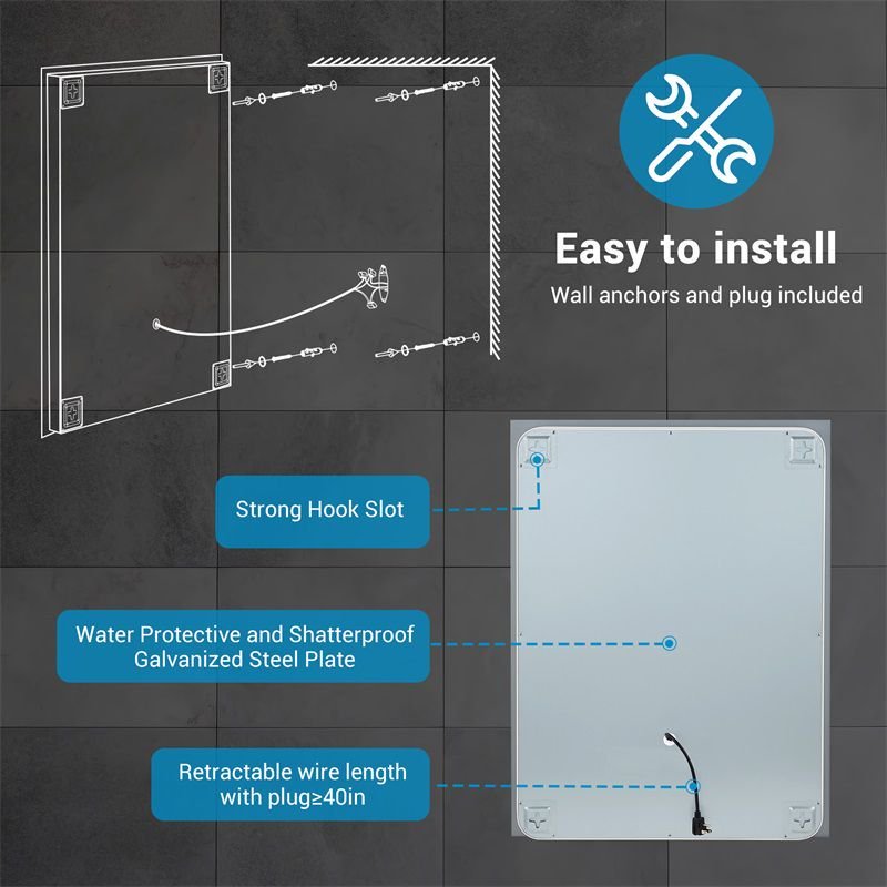 LED Bathroom Mirror Bright Backlight, 5 Mins Defog, Full HD Reflected Wall Mounted Vanity Mirror, 3 Colors Stepless Dimmable, CRI90, Memory Function, Anti-Fog