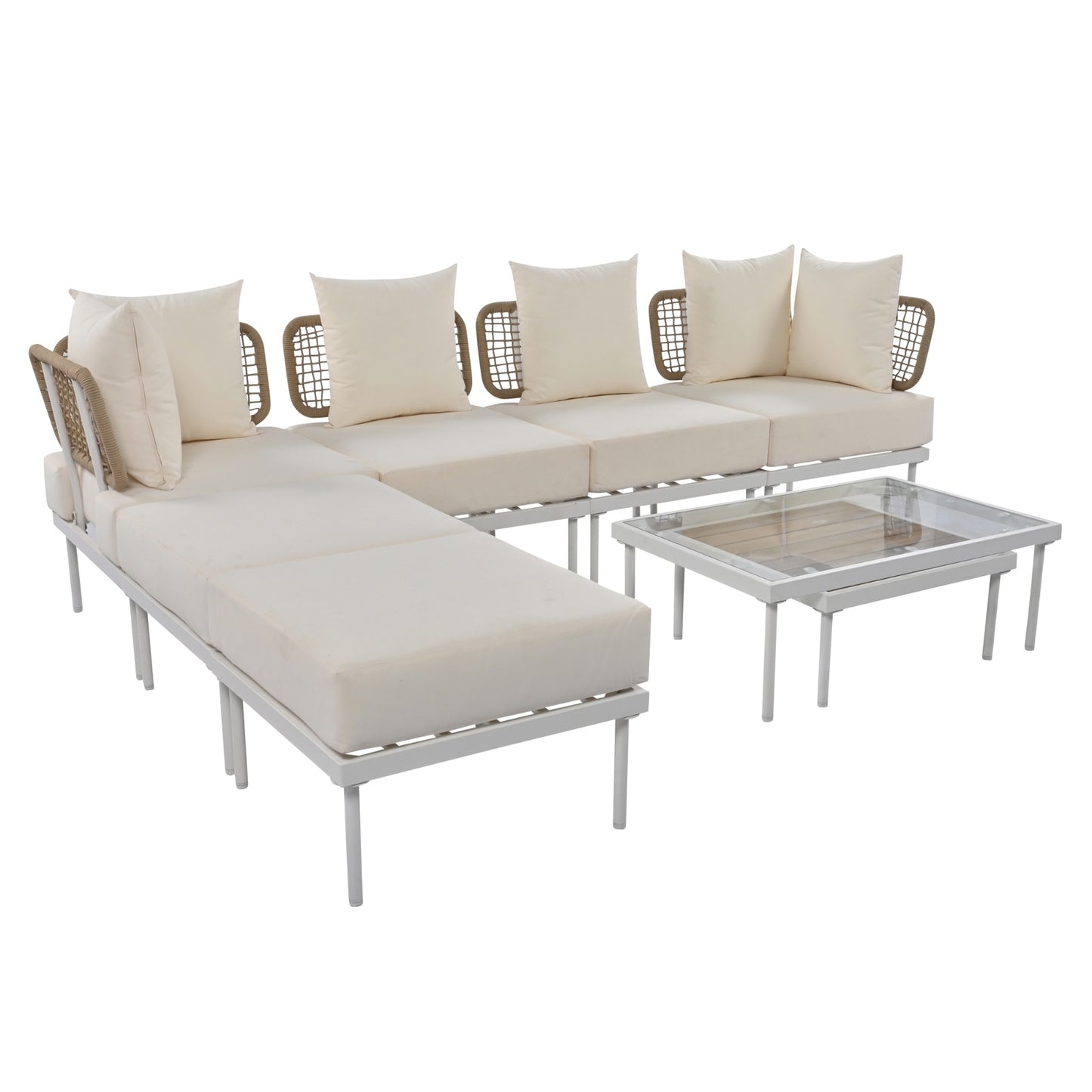 TREXM 8-Piece Outdoor Patio Sectional Sofa Set- with Tempered Glass & Wooden Coffee Tables