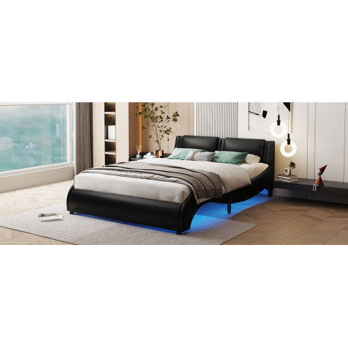 Full Size Upholstered Faux Leather Platform Bed With LED Light Bed Frame With Slatted - Black - ACCA General  Merchandise