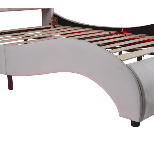 Queen Size Upholstered Faux Leather Platform Bed With LED Light Bed Frame With Slatted - White - ACCA General  Merchandise