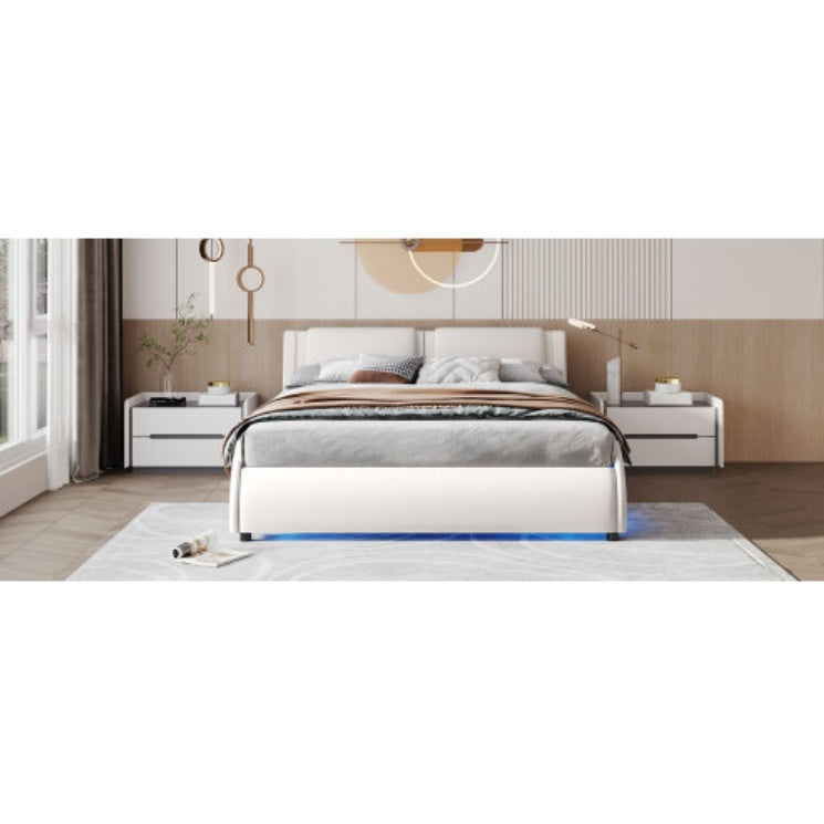 Queen Size Upholstered Faux Leather Platform Bed With LED Light Bed Frame With Slatted - White - ACCA General  Merchandise