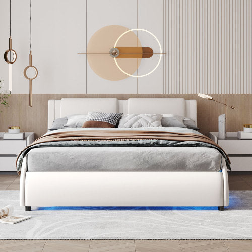 Queen Size Upholstered Faux Leather Platform Bed With LED Light Bed Frame With Slatted - White - ACCA General  Merchandise