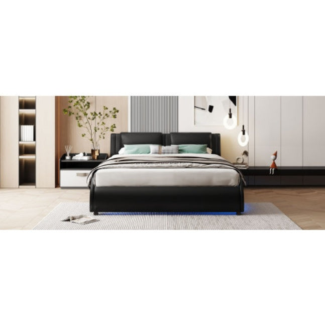 Full Size Upholstered Faux Leather Platform Bed With LED Light Bed Frame With Slatted - Black - ACCA General  Merchandise
