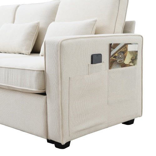 Seater Modern Linen Fabric Sofa with Armrest Pockets And 4 Pillows