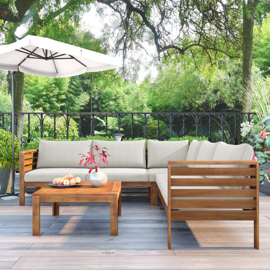 Wood Structure Outdoor Sofa Set with Beige Cushions Exotic Design Water-resistant and UV Protecte