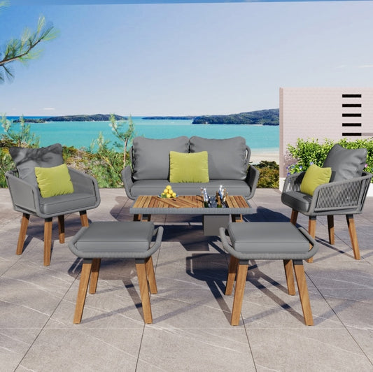 6-Piece Rope Patio Furniture Set, Outdoor Furniture With Acacia Wood Cool Bar Table With Ice Buc