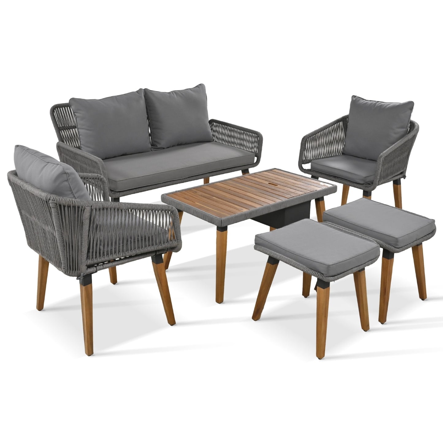 6-Piece Rope Patio Furniture Set, Outdoor Furniture With Acacia Wood Cool Bar Table With Ice Buc