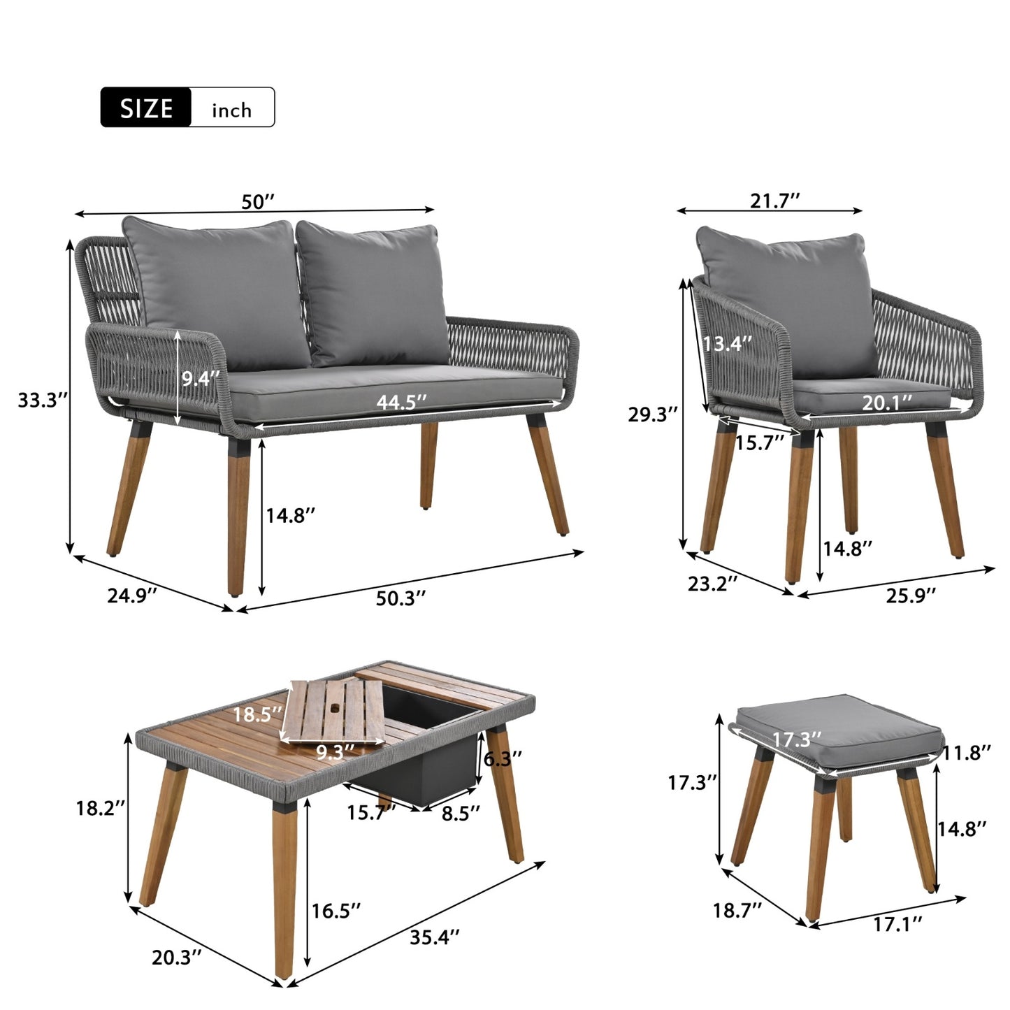 6-Piece Rope Patio Furniture Set, Outdoor Furniture With Acacia Wood Cool Bar Table With Ice Buc