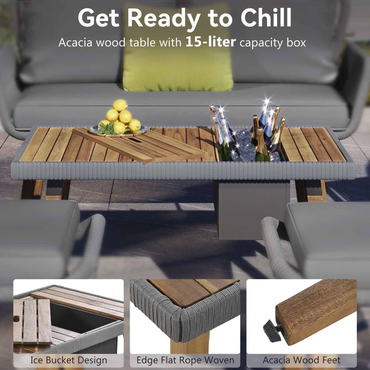 6-Piece Rope Patio Furniture Set, Outdoor Furniture With Acacia Wood Cool Bar Table With Ice Buc