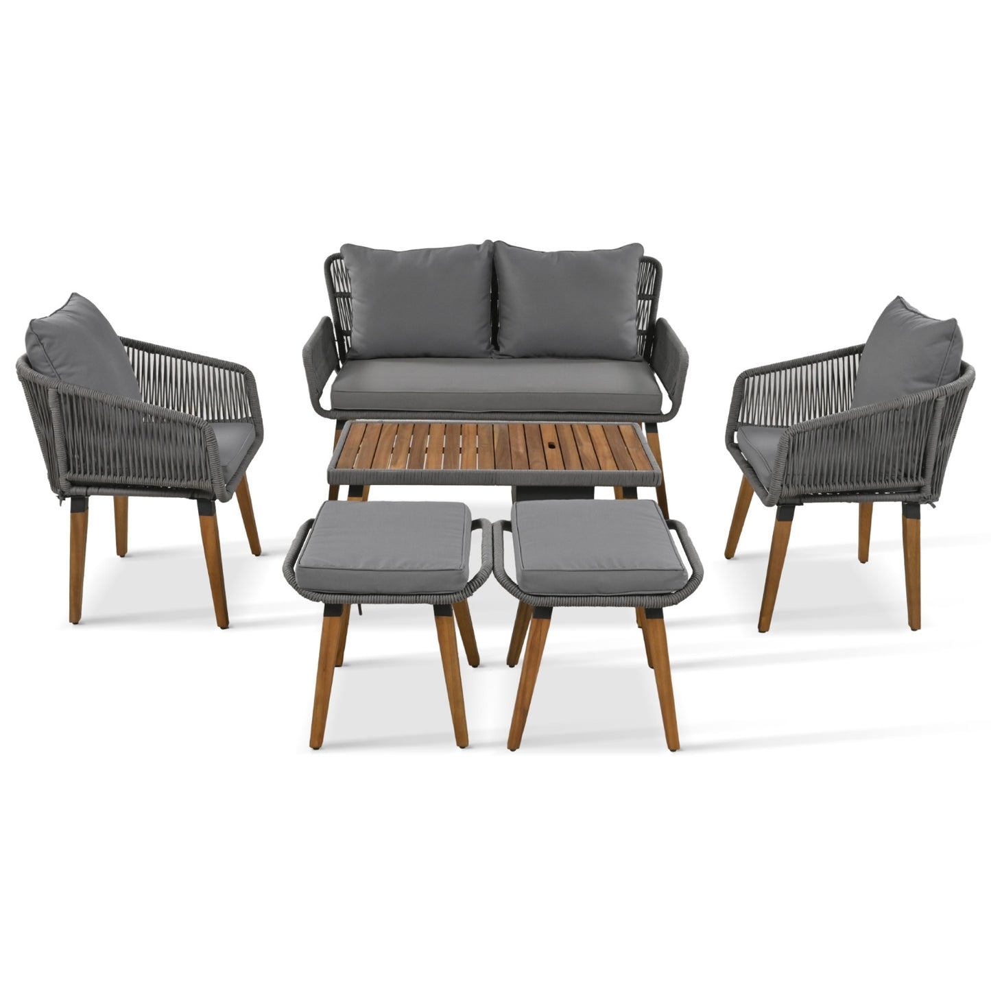 6-Piece Rope Patio Furniture Set, Outdoor Furniture With Acacia Wood Cool Bar Table With Ice Buc