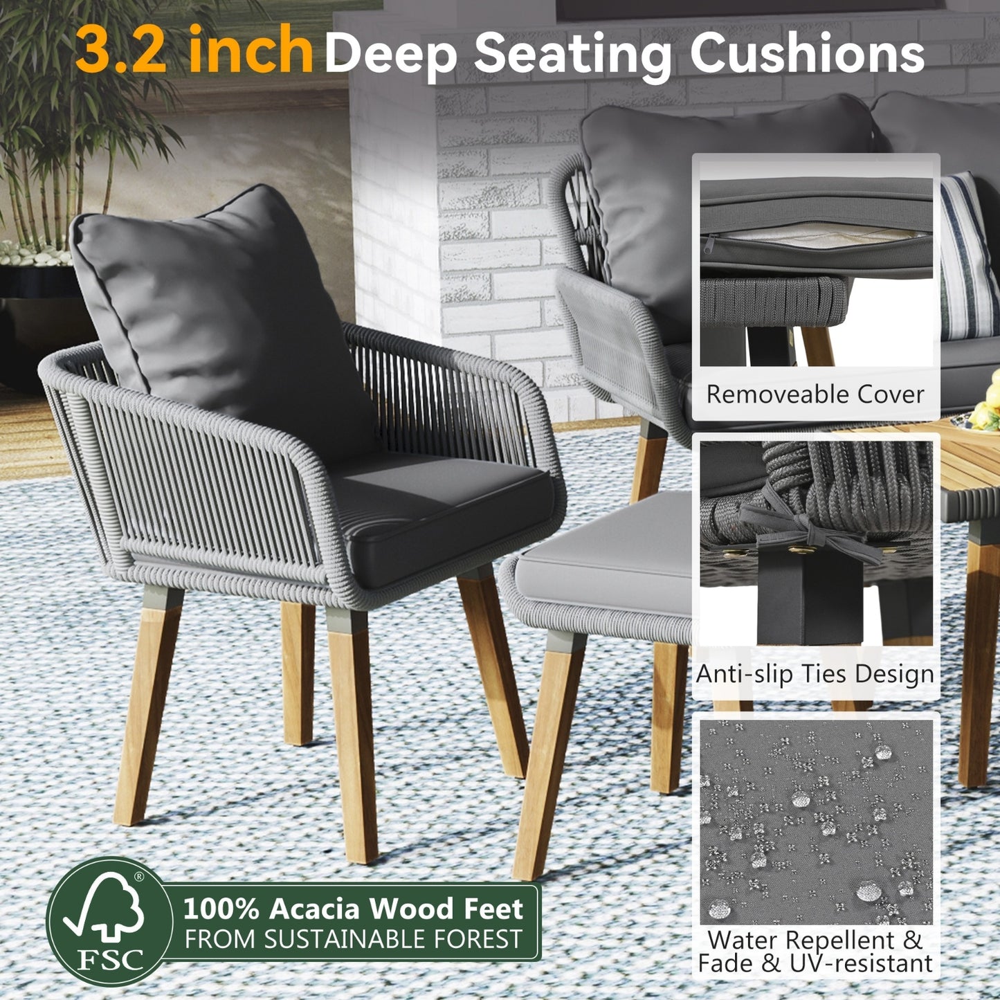 6-Piece Rope Patio Furniture Set, Outdoor Furniture With Acacia Wood Cool Bar Table With Ice Buc