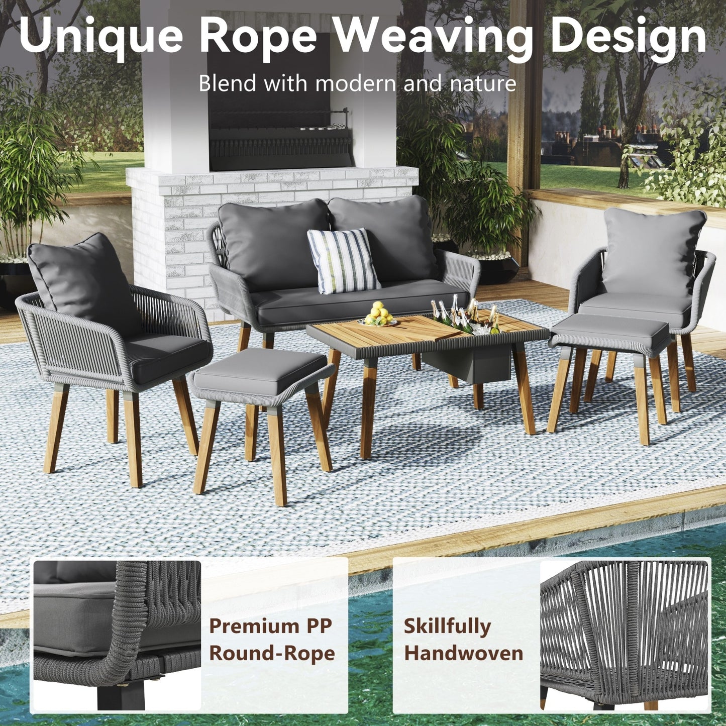 6-Piece Rope Patio Furniture Set, Outdoor Furniture With Acacia Wood Cool Bar Table With Ice Buc