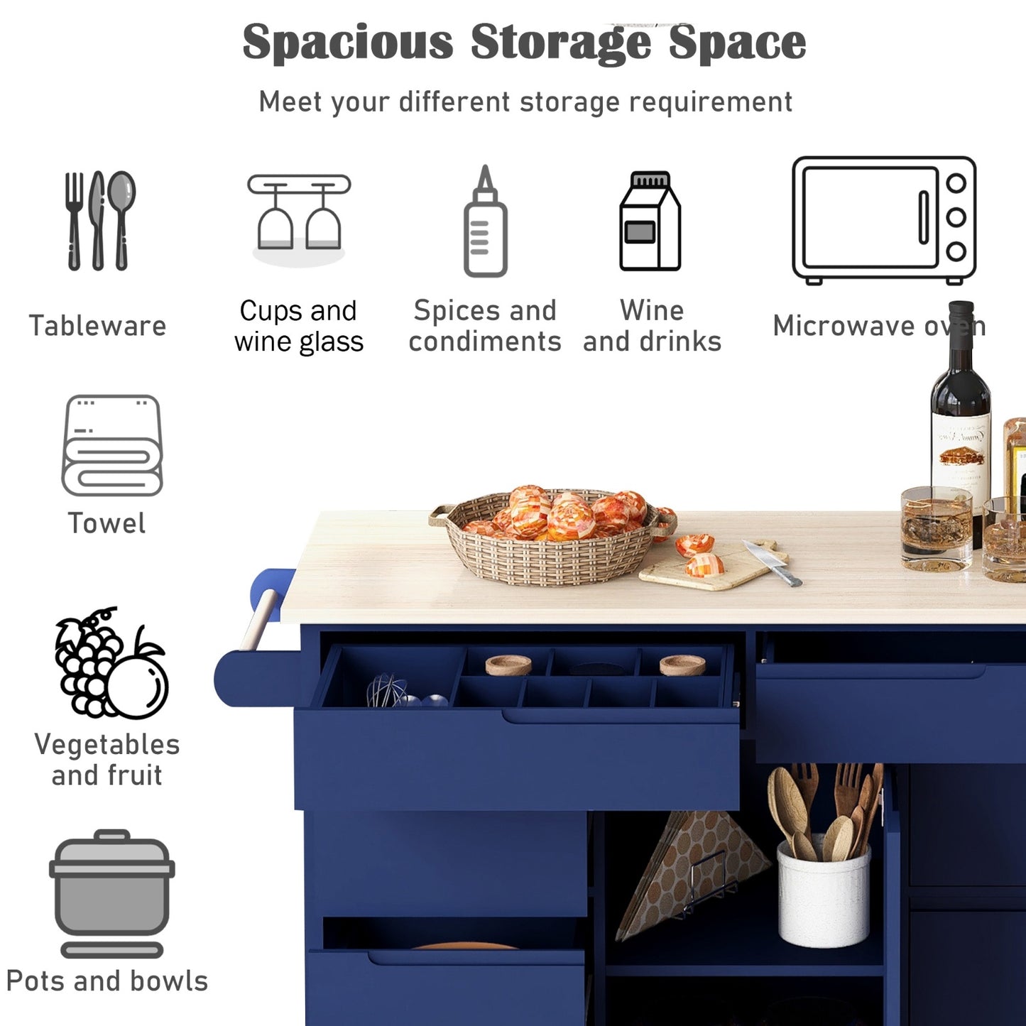 Store Kitchen Cart with Rubber Wood Top, 8 Handle-Free Drawers