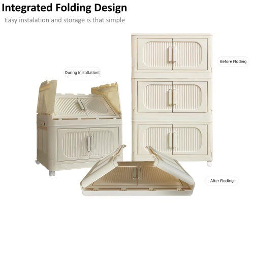 Cream White 19.69 Side Wide Folding Storage Cabinet ,3 Tiers,19.69x11.81x31.1, Collapsible Storage Bins with Magnetic Door, Plastic Storage Cabinet With Wheels