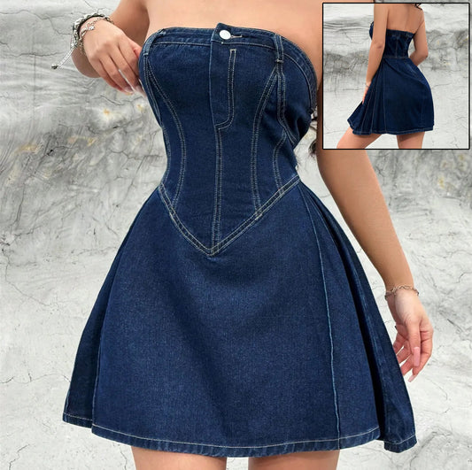 Summer Off-shoulder Low Collar Sexy Fishbone Waist Tight Denim Dress Strapless Sexy Dress Trend Skinny Hipster Party Clubwear Y2K Bodycon