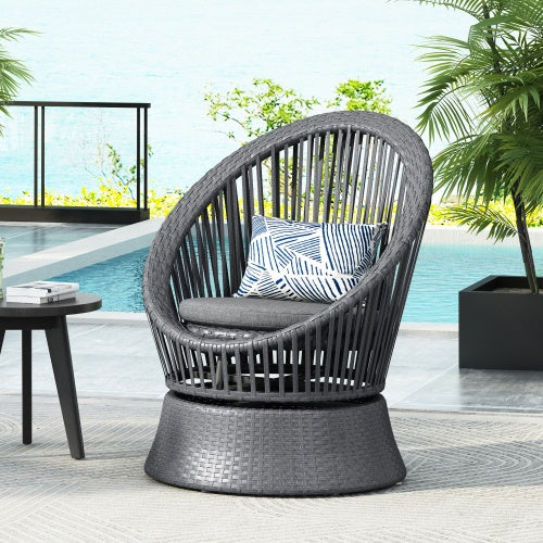 Modern Gray Wicker Lounge Chair with Rattan and Iron Fron Frame