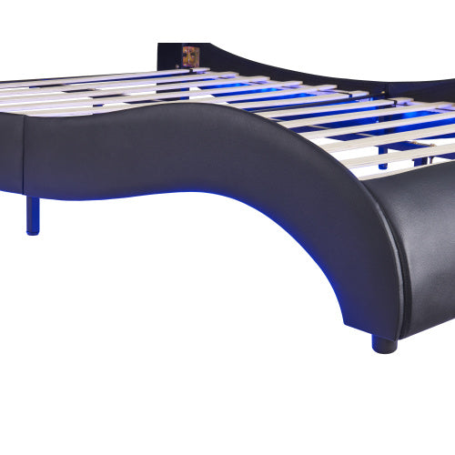 Full Size Upholstered Faux Leather Platform Bed With LED Light Bed Frame With Slatted - Black - ACCA General  Merchandise
