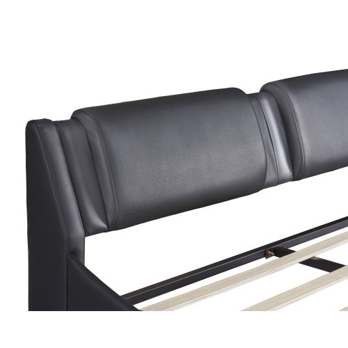 Full Size Upholstered Faux Leather Platform Bed With LED Light Bed Frame With Slatted - Black - ACCA General  Merchandise