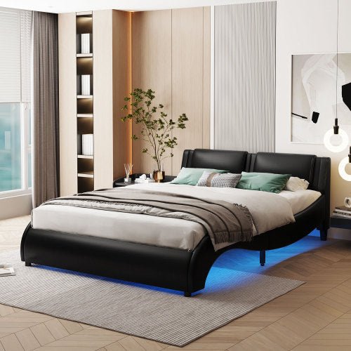 Full Size Upholstered Faux Leather Platform Bed With LED Light Bed Frame With Slatted - Black - ACCA General  Merchandise