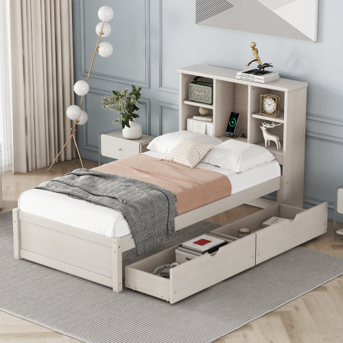 Modern Twin Size Bed Frame With Built-in USB Port On Bookcase Headboard And 2 Drawers For White Washed Color - ACCA General  Merchandise