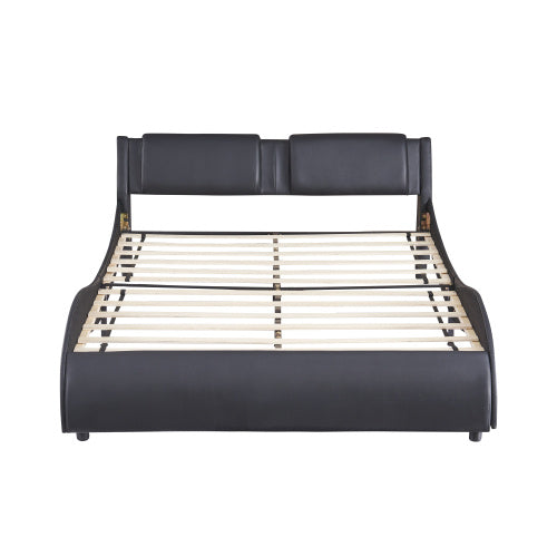 Full Size Upholstered Faux Leather Platform Bed With LED Light Bed Frame With Slatted - Black - ACCA General  Merchandise
